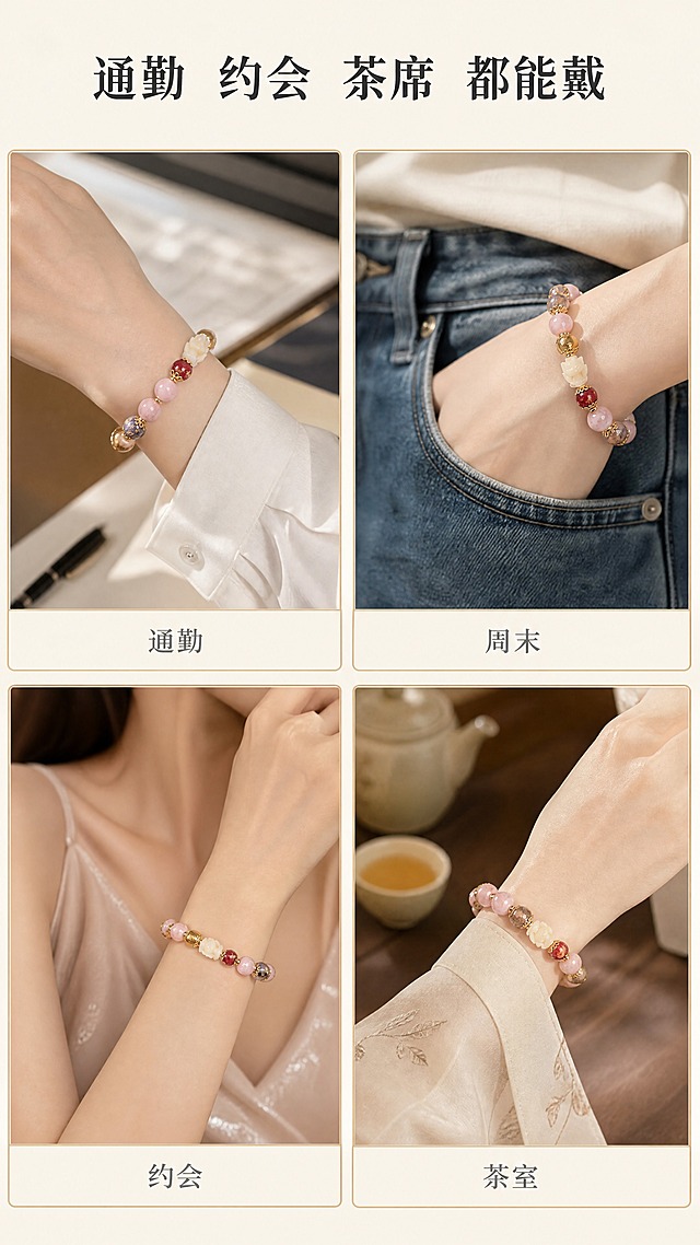 [商品] 使用【图1】九尾狐香灰琉璃手串；保留手串整体结构、粉色主珠、九尾狐白珠、金箔琉璃珠、镀金隔珠的颜色材质与比例；商品处理：四个场景中手串均保持原貌，佩戴时自然贴合手腕，琉璃光泽温润，九尾狐珠清晰可辨，不改变手串任何结构和颜色。
[画面] 页面目标为多场景百搭展示，年轻时尚感最强，证明日常多场景适配。四宫格杂志内页排版，2×2布局，每格都是腕部局部特写，色调统一偏暖低饱和。左上格：通勤白衬衫袖口佩戴手串；右上格：周末牛仔裤休闲风手腕佩戴；左下格：约会连衣裙细肩带搭配手串；右下格：茶室汉服广袖下露出手串。每格画面中手串均为视觉焦点，背景适度虚化。整体偏杂志内页排版风格。
[视觉] 套系策略：风格=新中式东方美学高级商业摄影；标题字=宋体衬线粗体；正文字=纤细宋体；主色=暖米白；背景延展=暖米白色底衬，四宫格间留细白间隙；强调色=香槟金，仅用于宫格细边线和小面积点缀；标题色=深炭灰；正文色=中暖灰；组件=四宫格版式、细分割线、场景标签小字；光影=每格内统一暖柔自然光，色调和谐统一。
[文字] 画面顶部居中主文案「通勤  约会  茶席 都能戴」，横排大字。四宫格每格下方配对应场景小字标签（通勤/周末/约会/茶室），文字均为横排，字号适中手机端可读。
[规格] 图片比例9:16竖版，4K分辨率，避免变形、错字、文字过小、四格色调不统一、手串在各格中颜色结构不一致、冷蓝冷灰调。