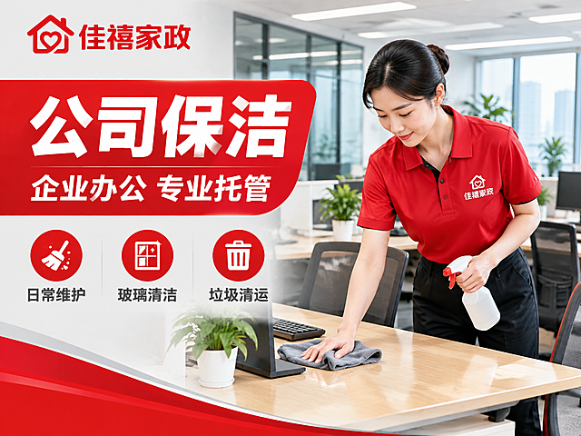 [主图-5] 公司保洁服务主题图，佳禧家政品牌。
[统一基调] 红色系品牌主视觉，主色为正红色搭配白色与浅灰色辅助色，字体为粗黑体无衬线，标题白色大字加粗，辅助文字深灰色，卡片用圆角矩形红色渐变边框，整体风格专业可信、干净整洁、家政服务感。
[画面] 画面展示现代办公室保洁场景，一位穿着佳禧家政红色工作服的保洁人员，正在整洁的开放式办公区擦拭办公桌和电脑设备，背景是明亮现代的写字楼办公室，玻璃隔断、办公桌椅、绿植点缀，体现企业办公环境保洁的专业服务。保洁人员动作轻盈利索，形象专业。
[光影质感] 办公室自然光和室内灯光结合，光线明亮柔和，办公家具有自然反光，商业摄影质感，画面干净商务。
[配色] 主色调正红色，背景以办公室白色、浅木色和灰色为主，红色工作服和品牌色形成视觉焦点，整体红色系统一，体现专业企业服务。
[文字版式] 左上角放佳禧家政品牌Logo（红色佳禧家政字样）。主标题大字白色加粗："公司保洁"，副标题："企业办公 专业托管"。下方3个服务亮点图标加文字："日常维护" "玻璃清洁" "垃圾清运"。文字放在画面左侧或右侧负空间，不遮挡主体人物。
[输出要求] 尺寸800*600，4:3横版，文字清晰可读，人物形象自然，画面干净专业，无变形错字，无水印，无平台Logo。