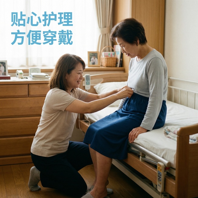 59岁中长发中国女儿正在帮妈妈穿戴深蓝色老年人防漏隔尿裤裙，裙长控制为70cm不要过长。背景为家庭护理间搭配护理床，居家护理温馨场景，自然柔和光线，真实自然摄影风格，背景铺满全屏无边框。左上角浅色文字预览效果