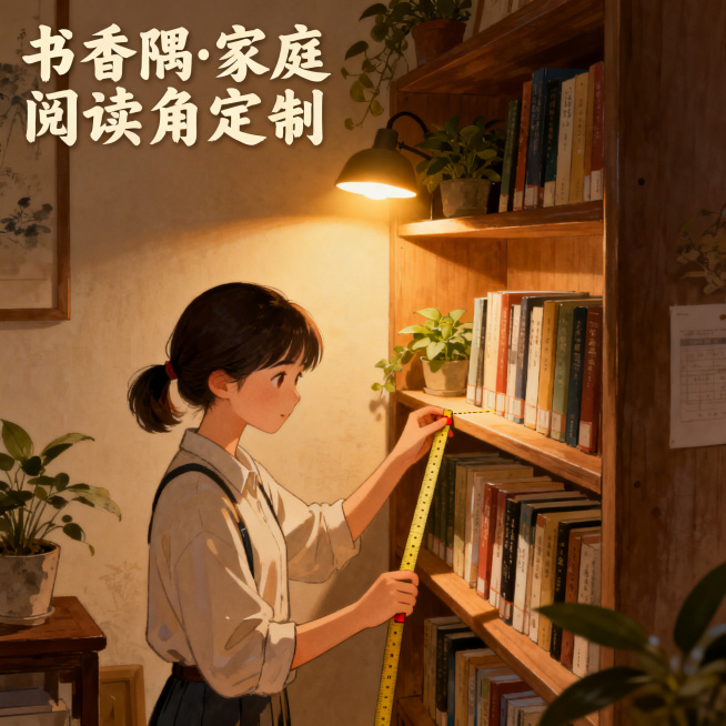 书香隅·家庭阅读角定制主题插画，女设计师上门测量尺寸，温馨家庭小书房，摆放书架绿植护眼灯，治愈生活风，治愈系国风，青春校园公益温暖风格，暖色调，高清细节预览效果