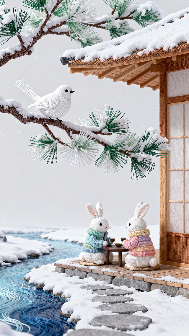 冬日雪景中，两只毛线编织的兔子在日式小屋前对坐品茶，搭配刺绣风松枝与拟人化白鸟，3D微缩艺术呈现温暖梦幻的圣诞氛围。