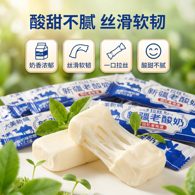 [主图-2] 新疆拉丝老酸奶软糖核心卖点展示图。[氛围风格] 自然清新食欲感，参考参考图的卖点排版方式。[画质] 商业摄影质感、光线柔和通透、产品清晰真实、画面干净高级。[元素] 大量独立包装的新疆老预览效果