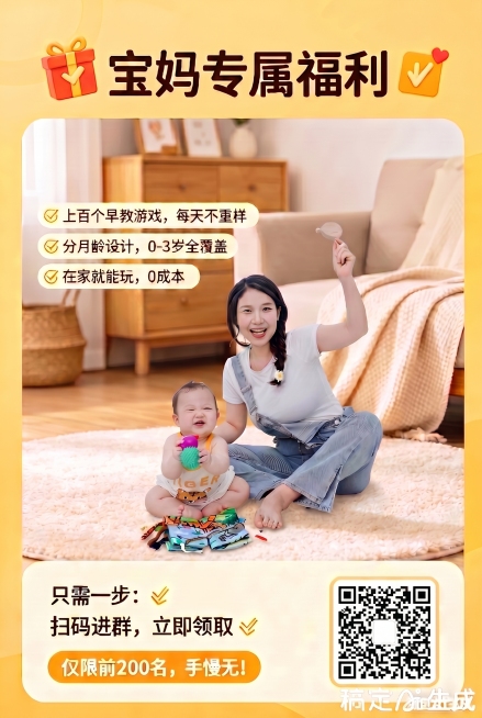 将这张宝妈海报中间的母子人像尺寸放大三倍，保持光影和整体风格自然融合，保留海报全部文案和尺寸，维持整体黄色背景预览效果