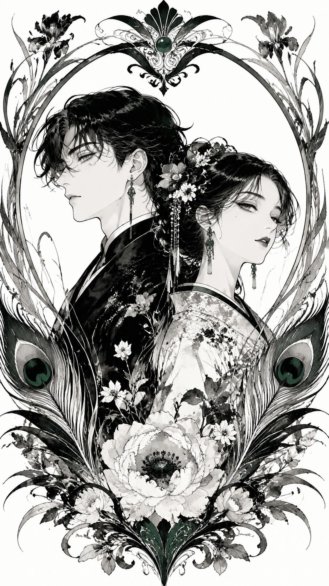 黑白钢笔插画，新艺术运动风格，复古日系情侣头像，一男一女，冷艳… - 图片创意预览