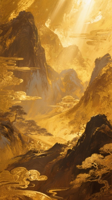 金色与棕黄色调为主的抽象背景，带有厚重的油画质感和丰富的笔触肌理，光线从顶部洒落形成明亮的高光区域，整体呈现温暖而富有层次感的视觉效果，融入鎏金元素与写意山水轮廓，营造出国运昌荣的中式典雅氛围，色彩和谐统一，光影过渡自然，具有强烈的艺术感染力和设计感。预览效果