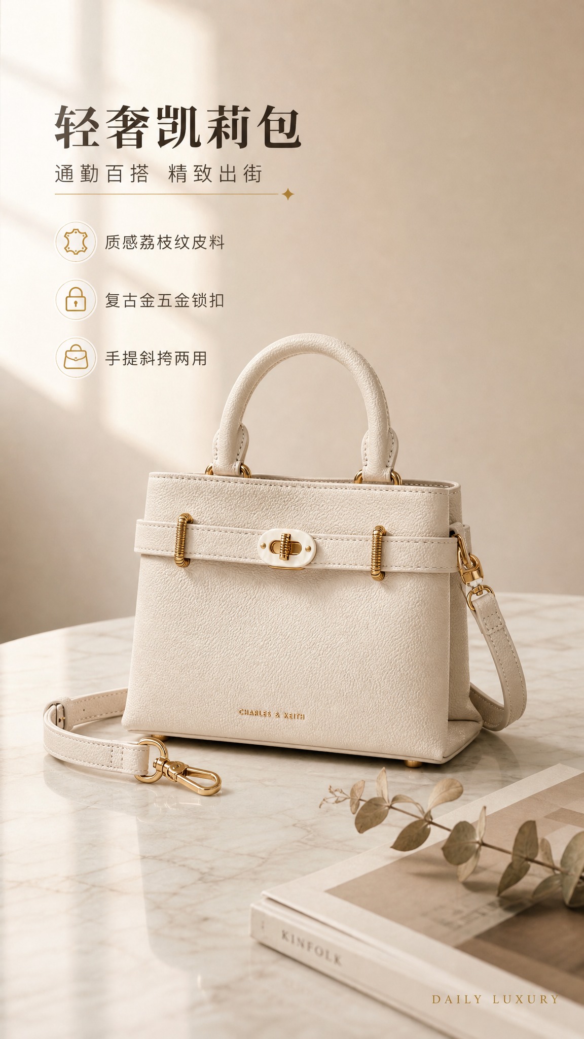 [商品] 使用【图1】米白色荔枝纹小号手提凯莉包；保留包型、金… - 图片创意预览