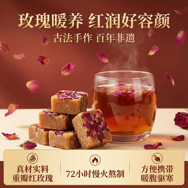 这张图片是产品主体这款产品是云南古法玫瑰红糖 我需要设计20张主图在拼多多上面售卖   主图场景  多增加一些玫瑰红糖水的设计 色调偏微红一些 要求高级  主图文案内容 玫瑰暖养 红润好容颜 古法手作预览效果