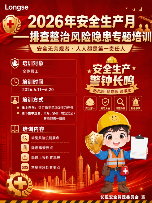 基于现有安全生产月专题培训海报，调整排版让内容更饱满丰富，在保留原有所有文字信息和卡通工人形象的基础上，增加安全生产相关的装饰元素和图文内容，填充画面空白区域，让整体布局更紧凑饱满。保持红色背景风格，预览效果