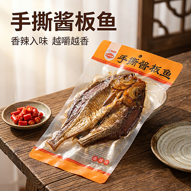 [主图 1] 手撕酱板鱼商品首图，[氛围风格] 香辣食欲感，复古湖北特产氛围，[画质] 商业摄影质感、光线柔和通透、产品清晰真实、画面干净高级，[元素] 真空包装手撕酱板鱼完整居中展示，透过透明包装可以清晰看到整条酱板鱼的完整形态，深褐油亮的酱色鱼皮纹理清晰诱人，背景是深色复古原木餐桌，搭配一小碟红辣椒段和手工粗陶盘子，营造地道特产小吃氛围。保持产品包装外观（文字信息、配色、材质）与输入产品图绝对一致，杜绝任何变形和色差，精细化处理。商品主体占比严格控制在 70% 左右，画面满屏无边框，[光影] 自然暖阳侧逆光，穿透透明包装，突出鱼肉纹理和酱卤油光，立体感十足，光影通透自然，[配色] 主色调原木深棕+包装橙黄，突出酱板鱼深褐色泽，对比清晰食欲感强，[视角构图] 平视拍摄，产品包装为视觉中心，轮廓完整不裁切，景深适中，[文字版式] 左上负空间左对齐留安全边距，大字文案写"手撕酱板鱼"，深棕色最大号粗体无衬线，辅助小字写"香辣入味 越嚼越香"，约半高同色，[比例分辨率] 1:1 比例，2k 分辨率，文字清晰可辨，超高清，[负向提示词] 变形，水印，文字错乱，产品图模糊，背景杂乱，色彩刺眼，遮挡主体