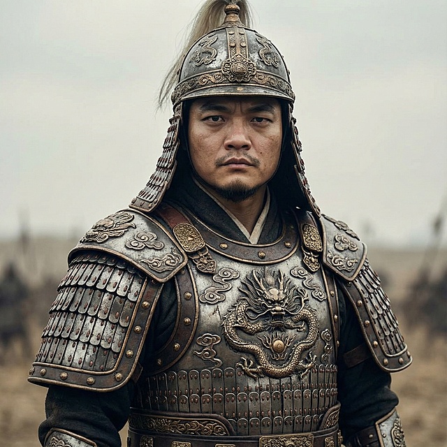 照片改成明代将军穿戴盔甲，样貌不变，脸型修长点