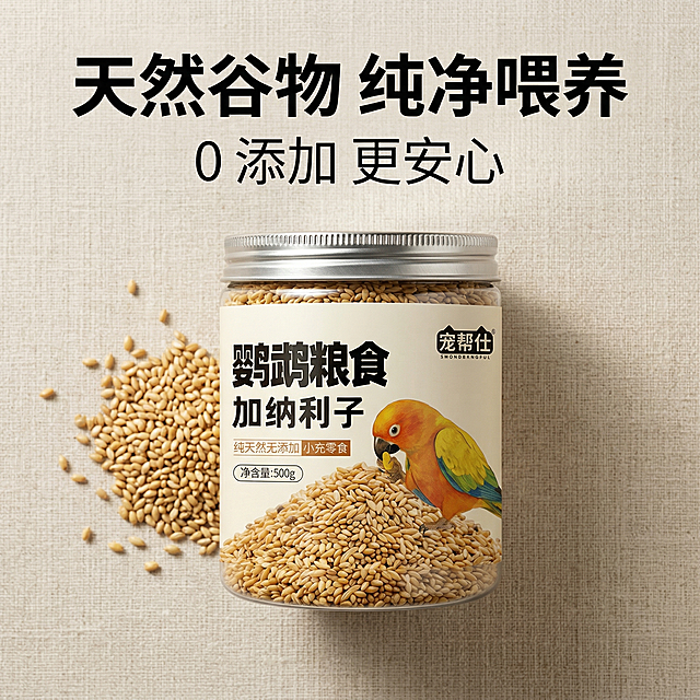 严格还原上传的鹦鹉粮食产品图，包括包装设计、颜色、LOGO 位置、文字内容、鹦鹉插画、谷物图案等所有细节，产品外观必须与参考图完全一致，不得改变包装设计、配色方案或品牌元素，保持玻璃罐透明质感、标签米白哑光质感、金属罐盖高光质感。主标题："天然谷物 纯净喂养"，副标题："0 添加 更安心"，文字排版为杂志风：主标题置于画面上方居中，加粗无衬线字体；副标题置于主标题下方，细体无衬线字体；产品位于画面中下部，左侧搭配散落的加纳利子谷物特写，右侧保留鹦鹉插画元素。背景为浅米色亚麻纹理，光线温暖柔和，突出产品天然无添加的核心卖点，整体风格统一简约高级，文字统一无衬线字体，排版精致有序，视觉聚焦产品与卖点。禁止改变产品包装设计、颜色、LOGO 位置、鹦鹉插画及谷物图案，禁止模糊产品细节，禁止出现化学添加剂相关元素，禁止背景杂乱刺眼，禁止文字字体不统一，禁止产品比例失调，禁止无关物体入镜