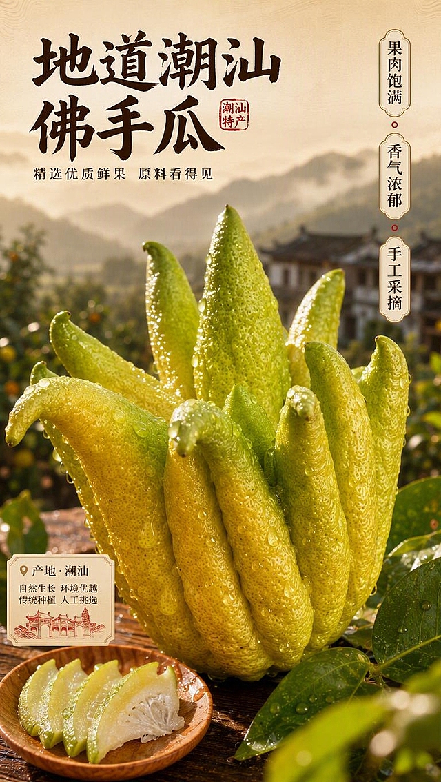 [商品] 使用【图1】新鲜佛手瓜，保留其手指状分瓣结构、黄绿渐变果皮、粗糙颗粒表皮纹理；佛手瓜作为核心原料大尺寸展示，占画面主要视觉。
[画面] 目标：成分/产地原料展示页，原料微距满版构图。主体为新鲜佛手瓜特写，占画面60%，表皮颗粒纹理清晰可见，表面带自然水珠。背景为潮汕果园/田园风光虚化，远山与老厝轮廓。左下角放置一小碟切好的佛手瓜片，展示内部果肉质地。画面≥3层视觉层次：前景水珠/叶片、中景佛手瓜主体、后景潮汕乡野背景。
[视觉] 套系策略：风格=中式国风潮汕传统商业摄影；标题字=书法宋体粗体；正文字=简洁宋体；主色=暖棕黄+赭石；背景延展=基于暖棕黄做深浅层级、同色渐变和木纹/宣纸质感；强调色=朱砂红，仅用于小面积印章、引线和标签；标题色=深棕黑；正文色=暖棕灰；组件=圆角米黄信息卡、细线引线、朱砂印章元素；光影=左前侧暖柔光，侧逆光勾勒轮廓。
[文字] 左上主标题「地道潮汕佛手瓜」，副标题「精选优质鲜果 原料看得见」，右侧竖排3个信息点：果肉饱满 | 香气浓郁 | 手工采摘，文字区位于左上与右侧，不遮挡佛手瓜主体。
[规格] 图片比例9:16竖版，4K分辨率，避免变形、错字、文字过小、冷蓝背景、佛手瓜形态失真。