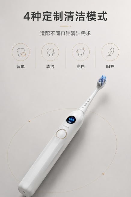 ### 第1屏：品牌主视觉KV屏
严格还原上传的产品图，包括机身哑光白色竖棱设计、圆形彩屏、金边圆形按键、刷头造型、品牌标识等所有细节，产品尺寸比例保持1:1，带刷头整机重量约130g；2:3竖版电商预览效果