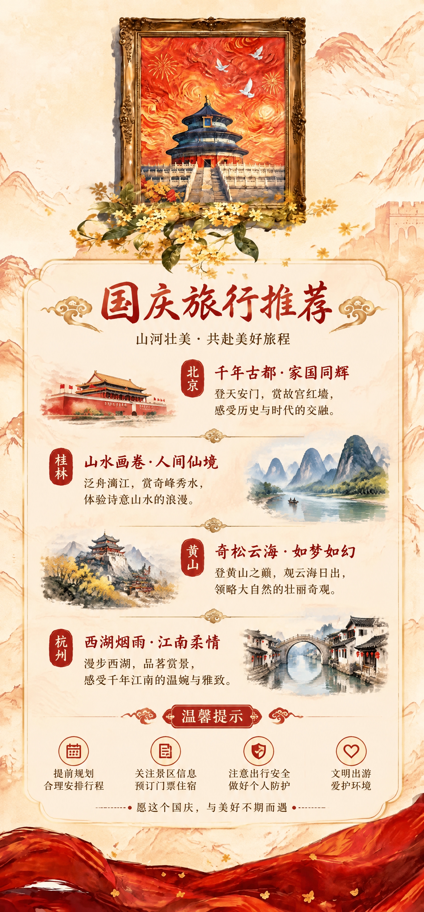 保留原图的国画风山水背景、金色画框天坛主图、桂花枝、底部红色绸… - 图片创意预览