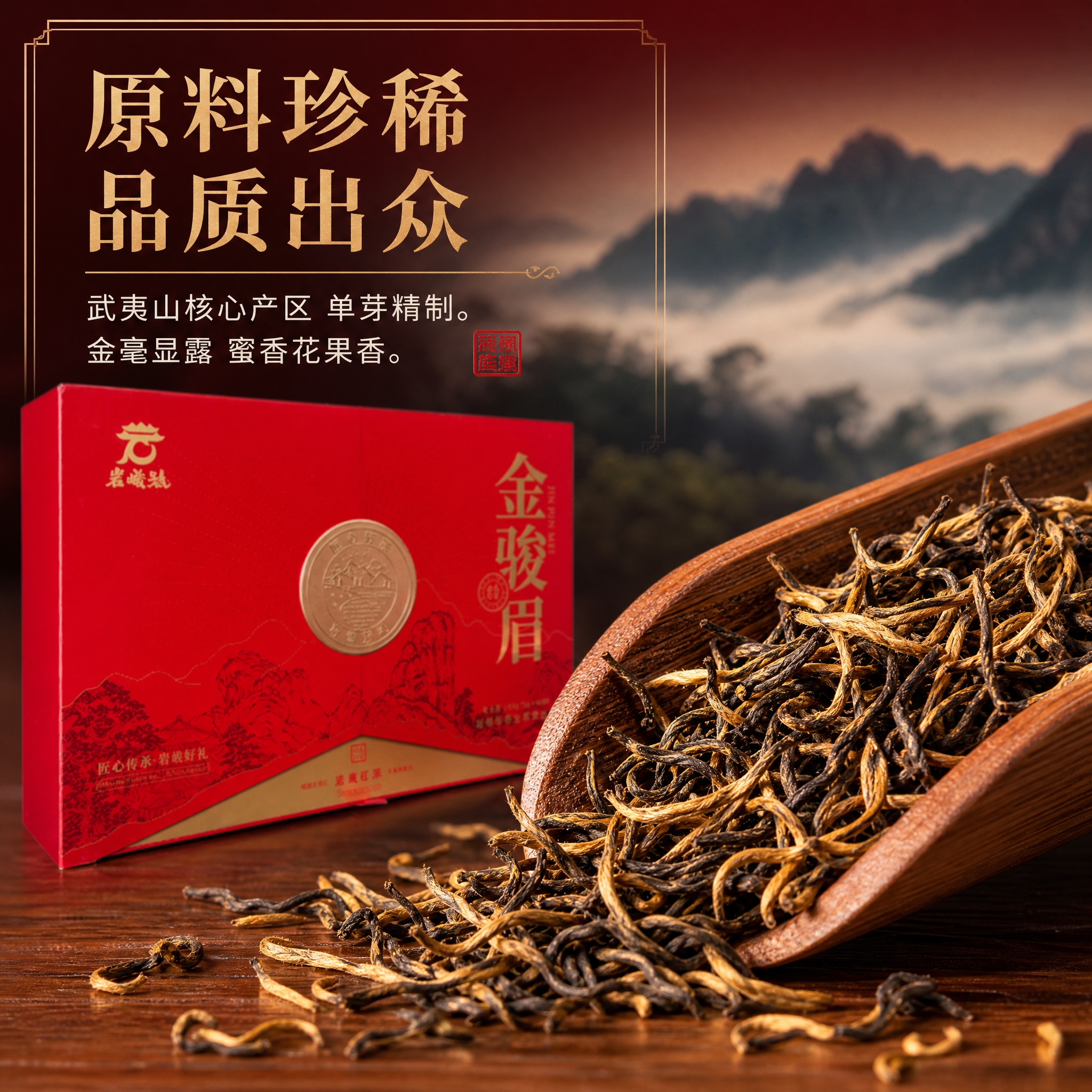 基于图中的岩曦号金骏眉红色双开礼盒（侧面45度视角），生成抖音… - 图片创意预览