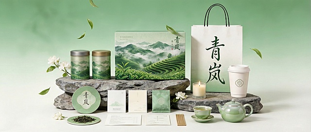 清新淡雅的国潮风茶礼，融合水墨山水与轻拟物设计，呈现中式优雅与文艺气息，绿意盎然间传递自然诗意。