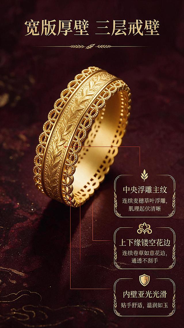 [商品] 使用【图1】闭口款古法麦穗金戒；保留宽版厚壁戒圈、中央麦穗浮雕、上下缘镂空卷草如意花边、内壁亚光光滑、古法亚光金磨砂质感；戒指结构、比例、纹饰细节、颜色材质均与原图一致。
[画面] 形制卖点页，目标讲清宽版厚壁三层戒壁结构。竖版构图，画面中央偏上为一枚戒指45°侧视特写，主体占画面约50%。用三条金色引线从戒指戒壁分别引出三个标注点，指向戒壁中央、上下缘、内壁三个位置。背景为深酒红色纯色底，带细腻暗纹肌理。
[视觉] 套系策略：风格=东方美学国风复古高端珠宝商业摄影；标题字=宋体衬线粗体；正文字=简洁宋体；主色=深酒红+哑光金；背景延展=基于深酒红做深浅渐变、暗金晕染、祥云暗纹肌理；强调色=赤金色，仅用于小面积图标、引线、标签和局部光效；标题色=哑光金；正文色=浅米金；组件=金线描边圆角信息卡、细线引线、麦穗纹装饰边；光影=侧前方暖柔光+顶部轮廓光。
[文字] 画面顶部主标题"宽版厚壁 三层戒壁"。戒指右侧竖向排列三个卖点卡片：1."中央浮雕主纹"——连续麦穗草叶浮雕，肌理起伏清晰；2."上下缘镂空花边"——连续卷草如意花边，通透不刮手；3."内壁亚光光滑"——贴手舒适，温润如玉。每个卖点配小图标。文字均横向排版，不遮挡戒指主体。
[规格] 图片比例9:16竖版，2K，避免变形、错字、文字过小、冷蓝/蓝灰背景、戒指颜色改变、纹饰失真。画面中所有信息区域必须填充完整合理的内容，不得出现空白框、空白占位、横线待填写区域、空列表项、空单元格；确保是完整可用的成品详情页而非待填写模板。