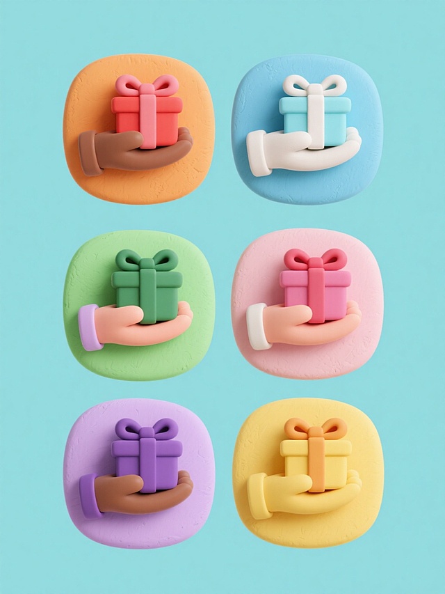 一系列6个规整排布的粘土风格图标集合，每个图标均为一只手托举着带蝴蝶结的礼物盒，保持相同的元素内容和简洁形态，背景为纯色，整体色彩分别为：1. 温暖橙色背景配棕色手和红色礼物盒；2. 清新蓝色背景配白色手和浅蓝色礼物盒；3. 活力绿色背景配浅绿色手和深绿色礼物盒；4. 柔和粉色背景配浅粉色手和深粉色礼物盒；5. 优雅紫色背景配淡紫色手和深紫色礼物盒；6. 明亮黄色背景配浅黄色手和深黄色礼物盒，每个图标边缘圆润，具有明显的粘土材质纹理和立体感，整体设计简洁统一，色彩明快。