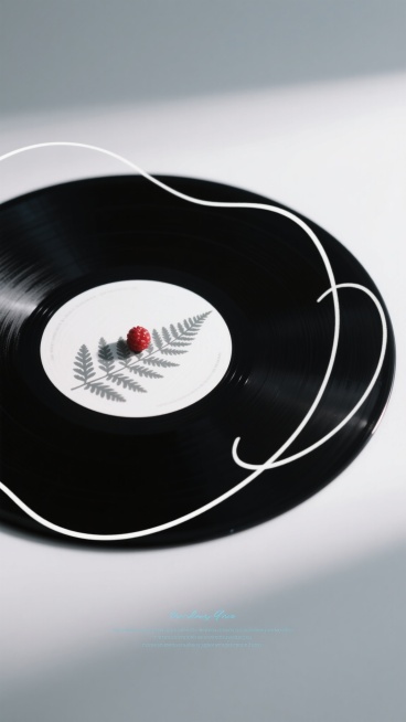 极简风格唱片海报设计，特写视角的黑色乙烯基唱片占据画面主体，唱片中心白色标签区域投影着细长的蕨类植物叶片阴影，阴影下方放置一颗鲜红的小浆果，唱片边缘有白色手写体曲线装饰线条，底部点缀着浅蓝色小写英文短语，整体采用柔和的自然光照明，背景为浅灰色调，营造宁静、文艺、略带神秘感的氛围，视觉焦点清晰，信息传达简洁高效，具有现代设计感。预览效果