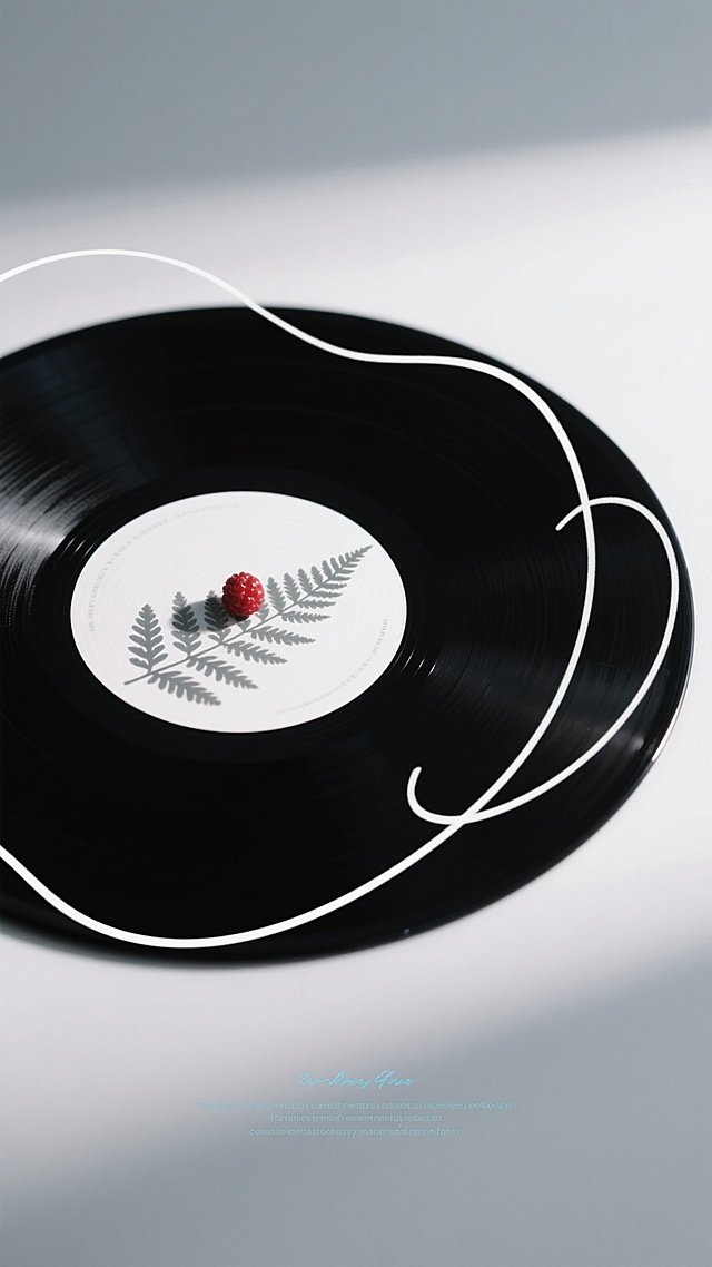 极简风格唱片海报设计，特写视角的黑色乙烯基唱片占据画面主体，唱片中心白色标签区域投影着细长的蕨类植物叶片阴影，阴影下方放置一颗鲜红的小浆果，唱片边缘有白色手写体曲线装饰线条，底部点缀着浅蓝色小写英文短语，整体采用柔和的自然光照明，背景为浅灰色调，营造宁静、文艺、略带神秘感的氛围，视觉焦点清晰，信息传达简洁高效，具有现代设计感。
