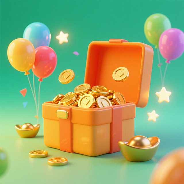 软3D风格的卡通宝箱满溢金币，搭配彩色气球与星光，营造喜庆梦幻的节日氛围，可爱又富有童趣。