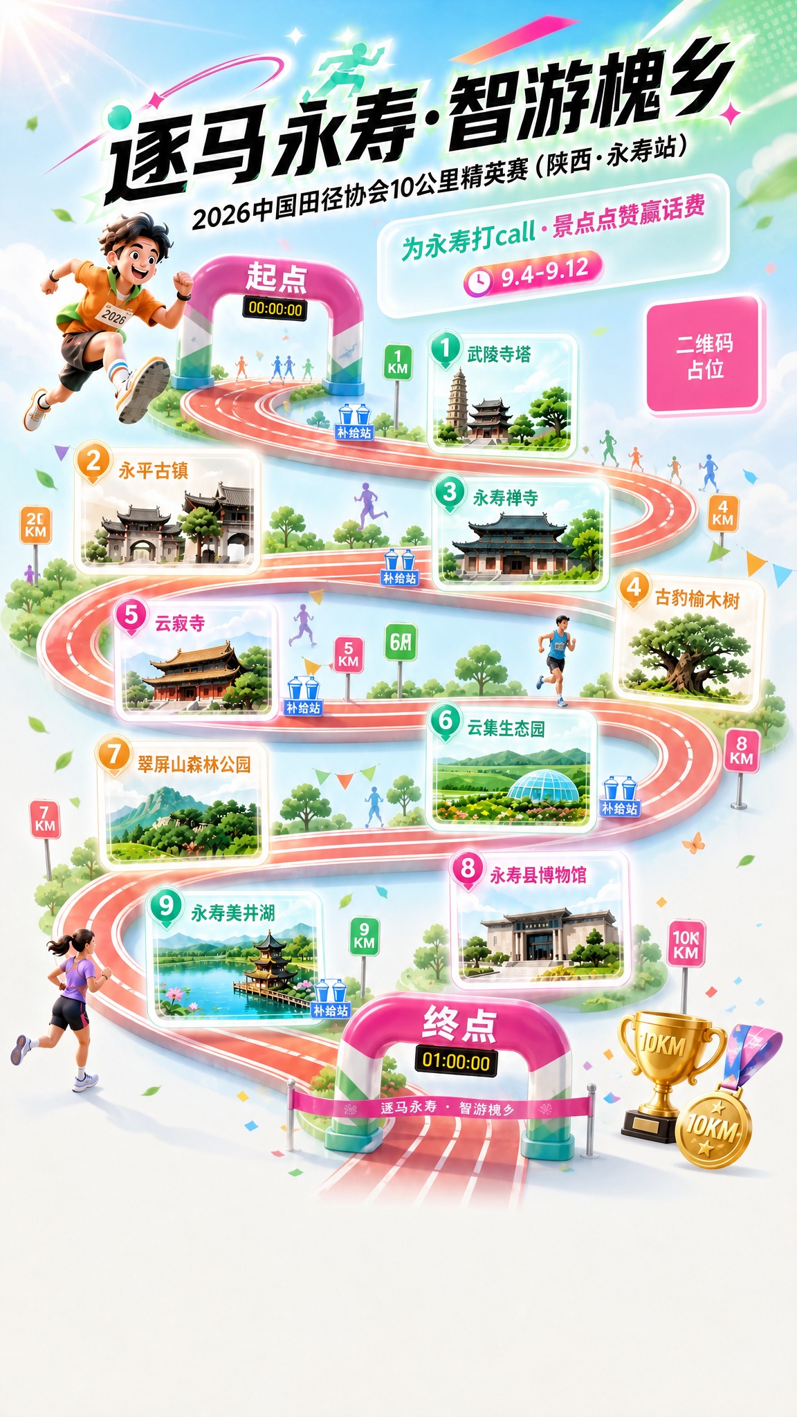 综合两张参考图的优点重新设计： 核心要求： 1. 9个景点严格… - 图片创意预览