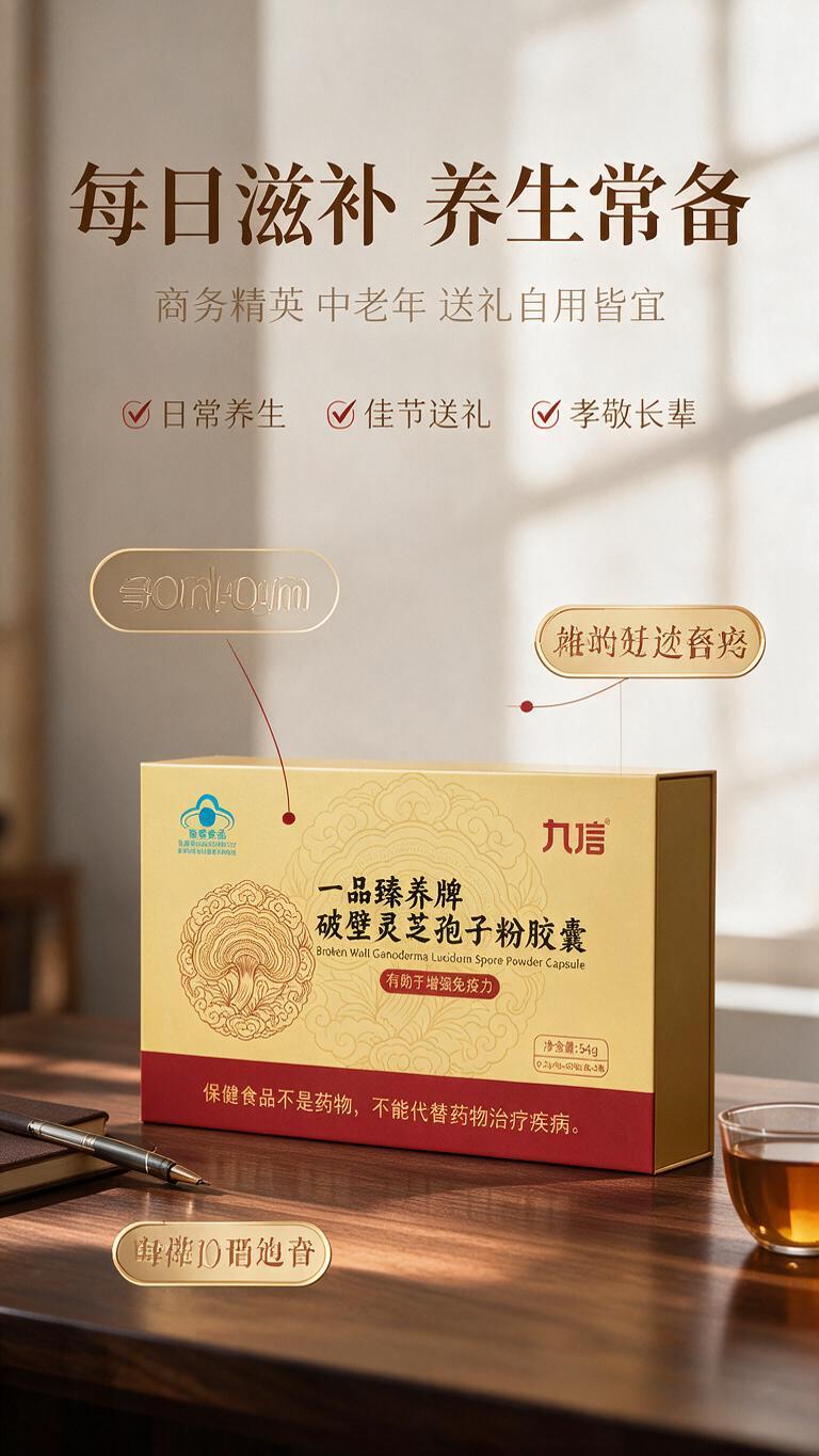 [商品] 使用【图5】九信破壁灵芝孢子粉胶囊礼盒正面图（现代办… - 图片创意预览