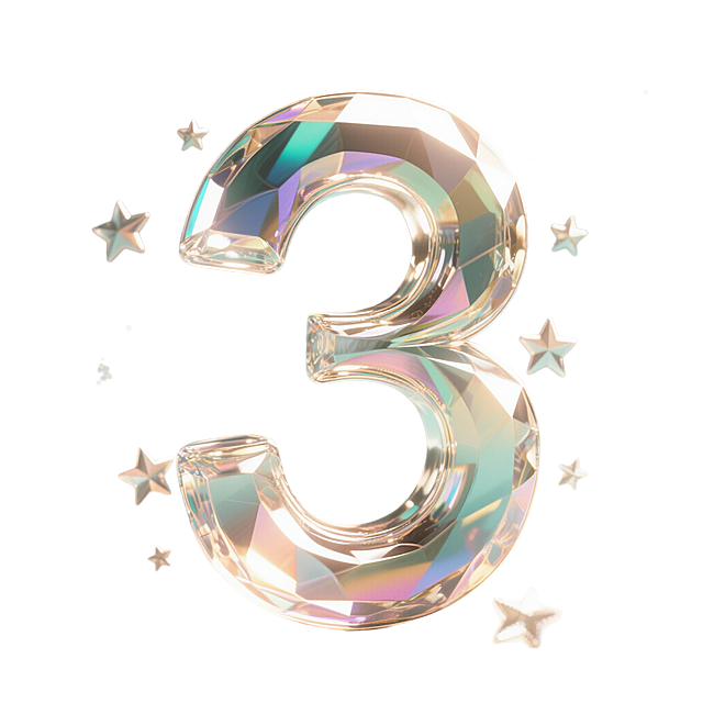 生成了一张3000x3000像素的3D立体数字“3”图片，具有光半透明渐变宝石中心和小星星装饰，光影明亮柔和，背景为纯色，符合现代设计感。