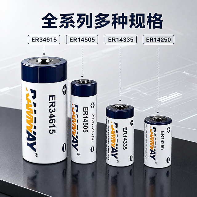 [主图-2] 多规格全系列产品展示主图，氛围风格为专业3C数码简约科技风，画质要求商业摄影质感，超写实产品渲染，清晰锐利，质感高级；包含元素为四款不同型号的RAMWAY锂电池按尺寸大小依次排列，保持产品外观、颜色、标识与原图完全一致，无变形色差，产品放置在黑色磨砂玻璃台面上，背景为浅灰渐变科技感背景带微弱体积光，商品主体占比约70%，画面干净简洁；光影要求均匀布光，整体明暗柔和，产品边缘保留清晰高光，台面反射自然阴影，真实可信；配色为主调浅灰+黑，突出产品本身蓝白橙配色；视角构图为45度斜侧俯视视角，完整展示全系列规格，层次分明；文字版式为顶部大标题"全系列多种规格"，粗黑深蓝色字体，下方四个标注框分别对应四款电池标注对应型号ER34615/ER14505/ER14335/ER14250，文字清晰易读，配色与产品风格统一；比例分辨率为1:1比例，4k分辨率，文字清晰超高清；负向提示词为变形，水印，文字错乱，产品图模糊，背景杂乱