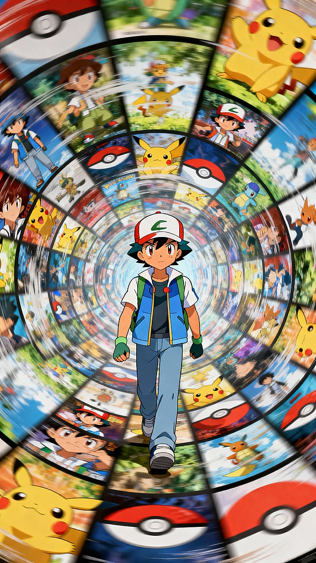 画面中有许多经典的宝可梦动漫场面呈螺旋状排列，主人公小智在旋转的海报中行走。固定聚焦在小智身上，周围呈现朦胧模糊、涂抹、拖影的效果。