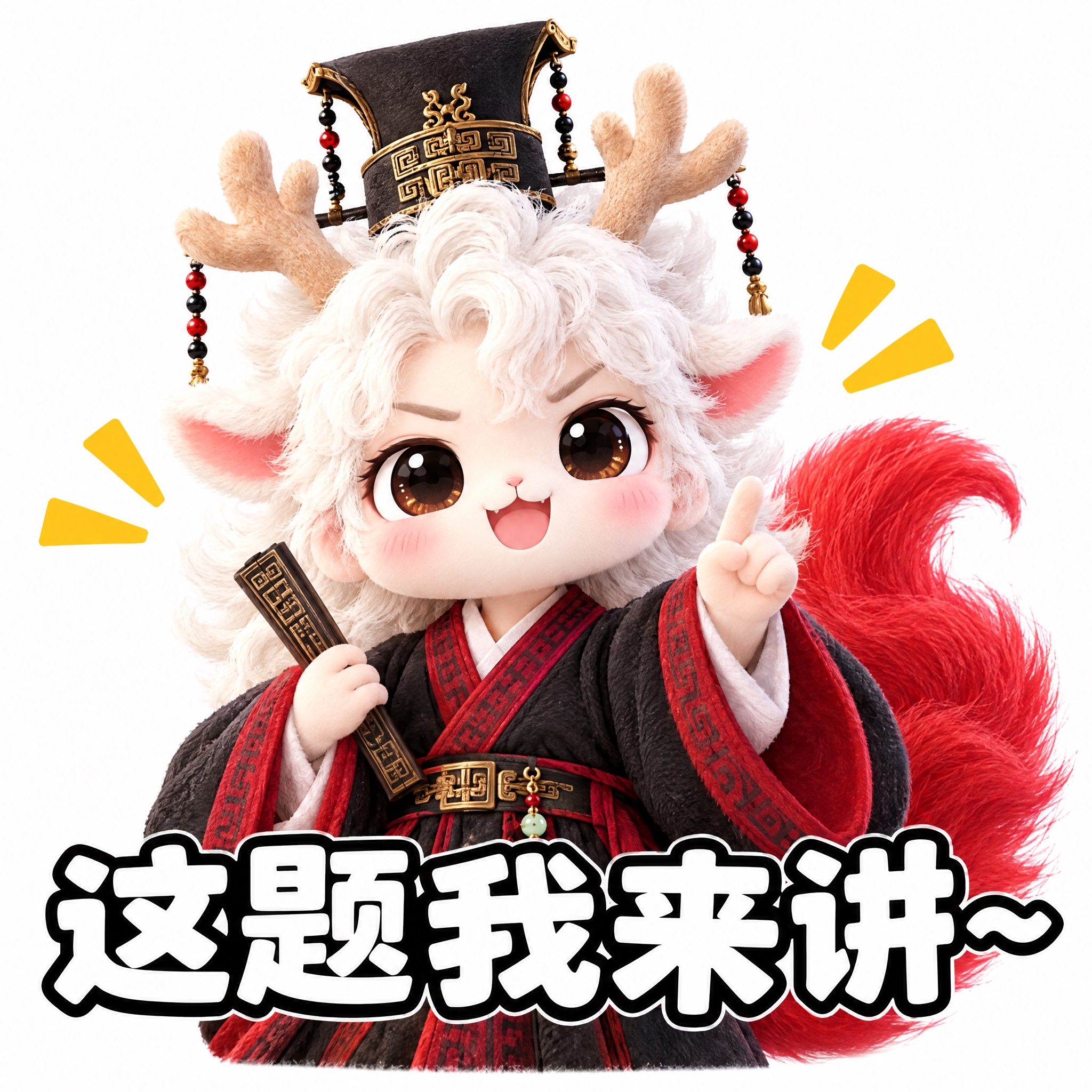 参考图中的白色鹿角人形神兽（穿黑红汉服、戴高冠），做成可爱表情… - 图片创意预览