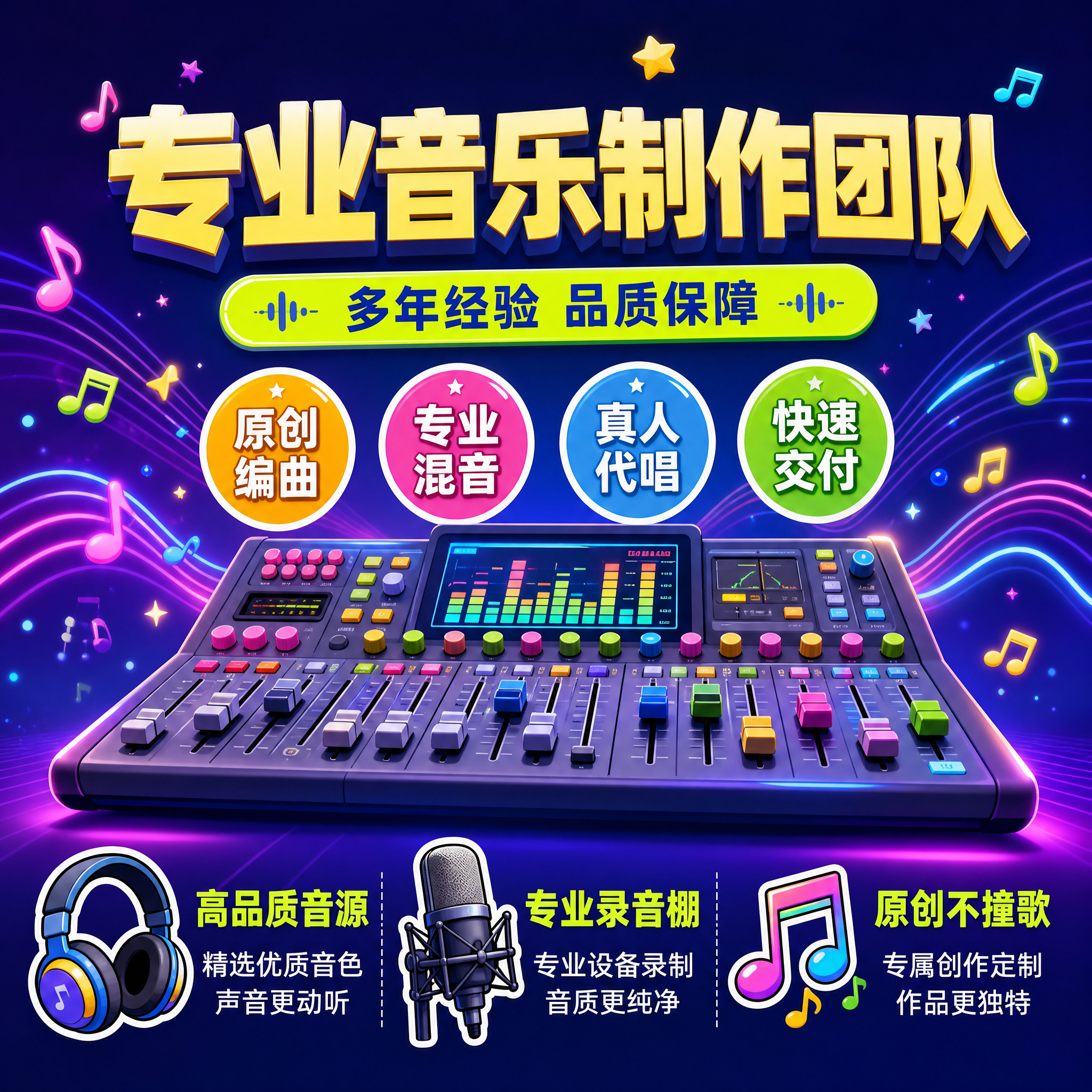 电商主图第3张，音乐制作服务亮点与专业证明图，1:1正方形构图… - 图片创意预览