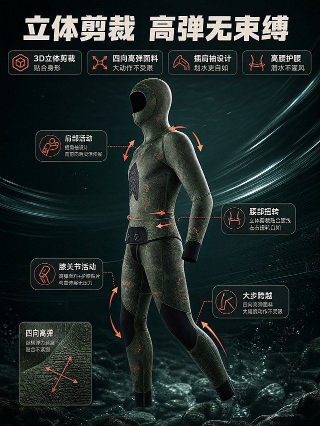 [商品] 使用【图2】【图5】潜水服侧视角图；商品处理：保留蛇鳞迷彩纹理、剪裁线条、护膝贴片、颜色和整体版型；增强面料弹性质感和缝线清晰度，自然理顺褶皱。
[画面] 目标：立体剪裁与活动自由度展示页。构图：中心为潜水服侧视角全身组合展示（上衣+裤子），产品占画面55%；周围用动态弧线箭头示意肩部、腰部、膝盖等部位的活动方向，展示高弹特性。背景为深墨绿色，带运动模糊线条增强动感。
[视觉] 套系策略：风格=深海机能风商业摄影；标题字=粗黑体硬朗无衬线；正文字=现代无衬线体；主色=深海墨绿+暗蓝黑；背景延展=基于深海墨绿做深浅渐变、水波纹光影和海底颗粒质感；强调色=橙红色，仅用于小面积图标、引线和重点标签；标题色=米白色；正文色=浅灰蓝；组件=深色半透明信息卡、细线引线、战术风格图标；光影=侧上方冷调主光突出身体曲线剪裁。
[文字] 顶部主标题「立体剪裁 高弹无束缚」，下方四个卖点：①3D立体剪裁 贴合身形 ②四向高弹面料 大动作不受限 ③插肩袖设计 划水更自如 ④高腰护腰 潜水不灌风；文字横向排版，手机端清晰可读。
[规格] 图片比例3:4竖版，4K分辨率，负向提示：避免变形、错字、文字过小、颜色偏差、版型失真、纯白背景、卡通风格、人物面部。