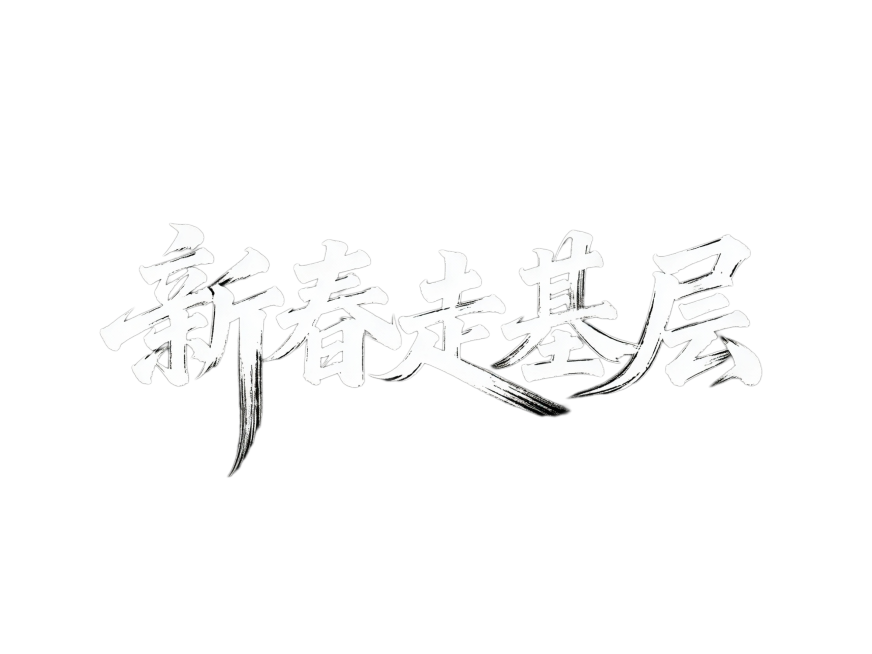 黑底白字，毛笔手写风格的“新春走基层”艺术字体，具有极强的艺术写作风格，视觉震撼，笔画带有水墨笔刷效果，笔画巧妙延长并进行设计变形，纯色背景预览效果
