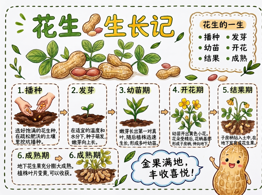在当前花生生长记手抄报的每个步骤方框内，添加该生长阶段的详细文字说明，保留原马克笔手绘风格、白底和整体排版，尺寸保持不变预览效果