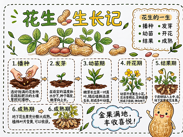 在当前花生生长记手抄报的每个步骤方框内，添加该生长阶段的详细文字说明，保留原马克笔手绘风格、白底和整体排版，尺寸保持不变