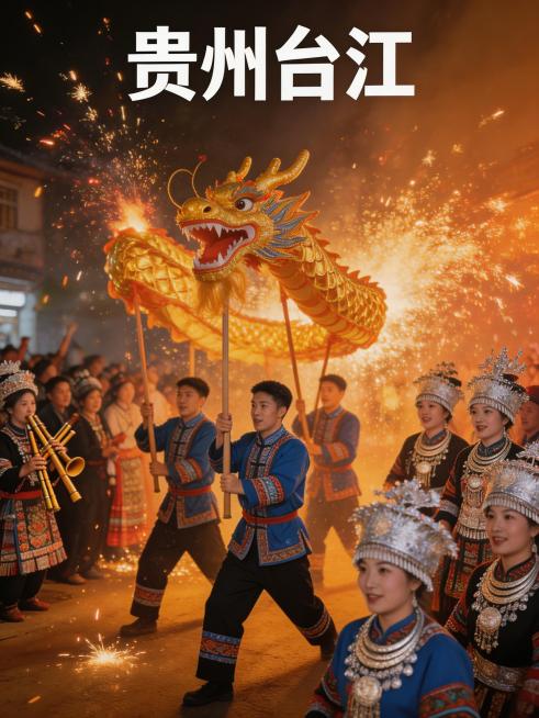 3:4竖版构图，画面醒目文字标注"贵州台江"，苗族元宵舞龙嘘花非遗狂欢，身着传统服饰的舞龙者在火花中舞动，苗族银饰盛装民众围观，芦笙欢歌民族风情，暖调火光夜景，纪实摄影风格，动态细节清晰，色彩浓烈，氛预览效果