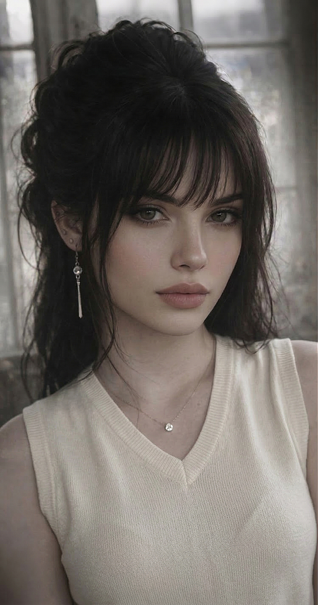 更换模特身上的黑色吊带衣服，换成一件简约米白色V领针织上衣，保留人物姿态、发型、背景和整体写实氛围感不变