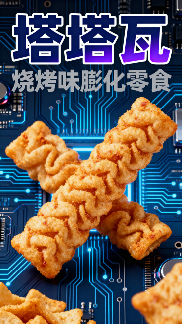 酥酥八爪烧烧烤味膨化零食电商详情页，深蓝色电路板科技科幻风格，品牌信息展示，突出"塔塔瓦"品牌名，科技感设计，高饱和度视觉冲击力强，8K高清预览效果