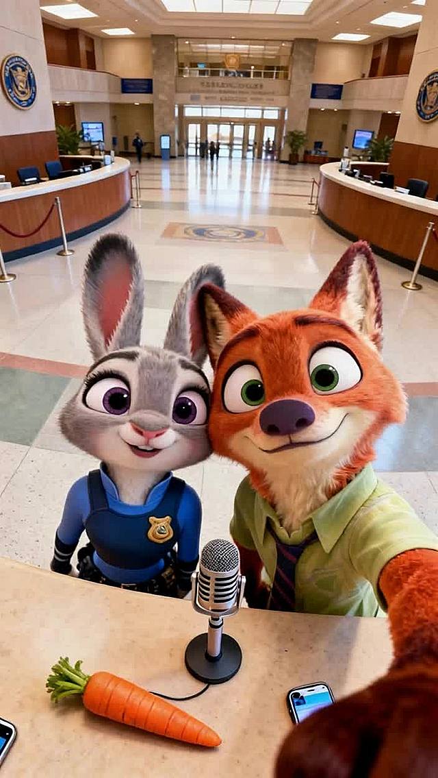 背景为动物城警察局大厅，朱迪和尼克面对镜头，桌面摆放胡萝卜录音笔