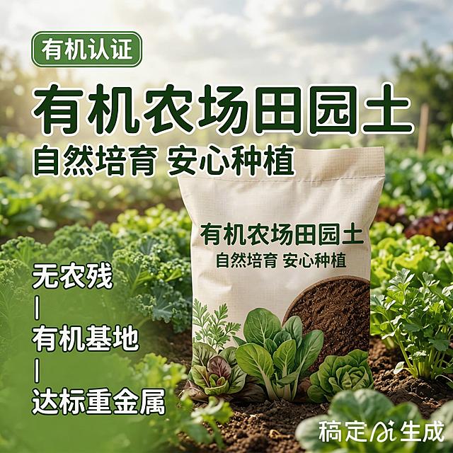 [主图 1] 有机营养种植土首图重绘
[氛围风格] 自然清新有机种植风，阳光自然氛围，真实治愈，比原图光影更通透自然
[画面元素] 商业摄影质感、光线柔和通透、产品清晰真实、画面干净高级。一袋有机营养种植土居中展示，背景是户外阳光下的绿色菜园，生机盎然，标题文字悬浮于画面上方，产品完整展示，不被切割。保持和参考图一致的文案内容，优化整体光影和色彩饱和度，文字更清晰
[配色色系] 主色调：自然绿色，泥土深褐色；辅助色：米白色（包装），浅木色，提升绿色鲜活度
[视角构图] 正面平视，景深适中，背景虚化突出产品，构图更饱满
[文字版式] 顶部放置主标题，左下角竖向排列卖点文字，主标题最大加粗，副标题小一半以上。深绿色文字在浅色弥散背景上，清晰对比，保留安全边距，不遮挡产品主体，修正文字排版让阅读更流畅
[比例分辨率] 1:1 比例，2K分辨率，文字清晰可辨，超高清
[负向提示词] 变形，水印，文字错乱，产品图模糊，背景杂乱，文字模糊