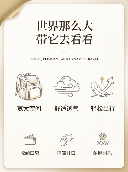宠物外出便携猫包卖点展示图，简约干净风格，突出宽大空间、舒适透气、轻松出行三大卖点，文字清晰，小红书图文笔记图，3:4竖版预览效果