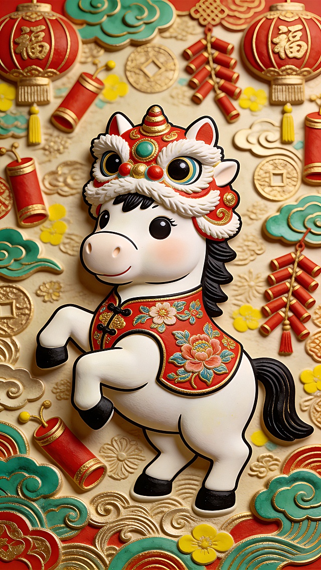 软3D粘土风小马，身着国潮刺绣红衣，头戴舞狮帽，喜庆卡通形象跃然眼前，背景浮雕祥云、灯笼与鞭炮，尽显春节欢乐氛围。