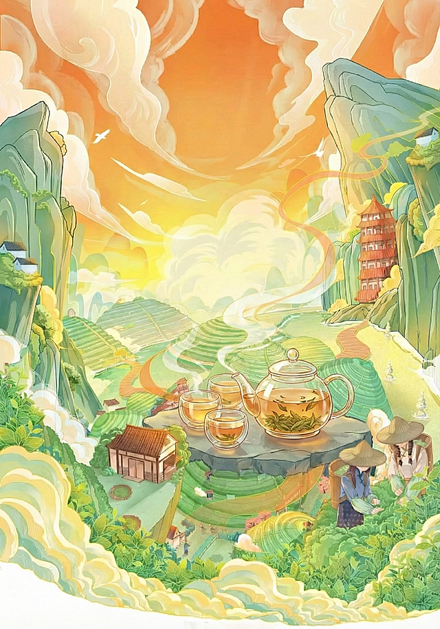 画面中间加上一个透明的茶杯和茶壶