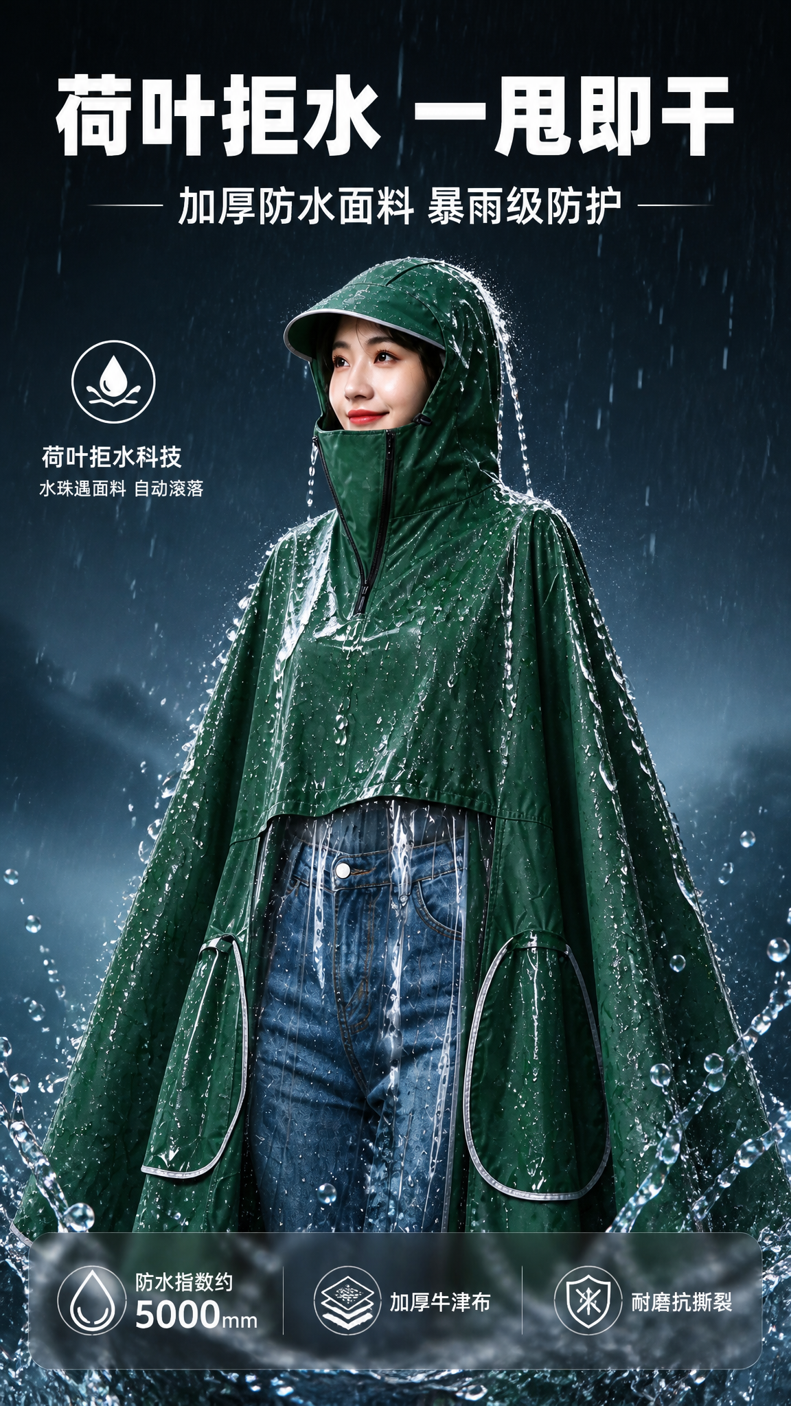 [商品] 使用【图1】墨绿色雨衣；保留面料、颜色、版型和水滴效… - 图片创意预览