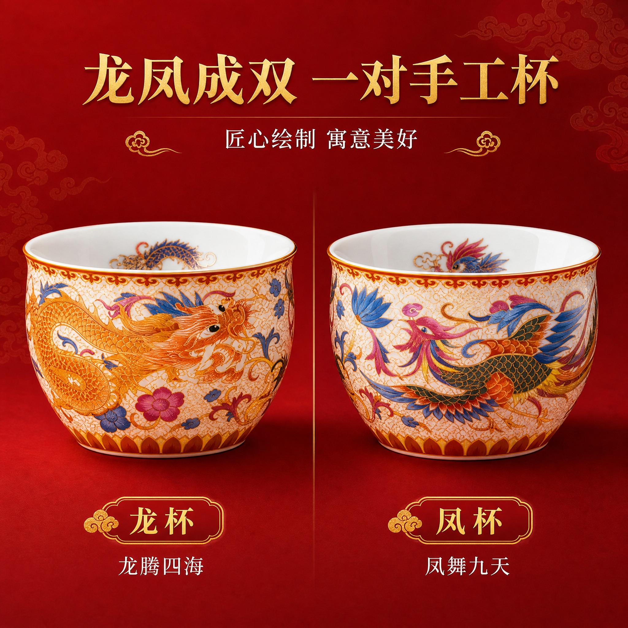 [主图-2] 龙凤对杯核心卖点图，突出龙凤成双设计与精美纹饰。… - 图片创意预览