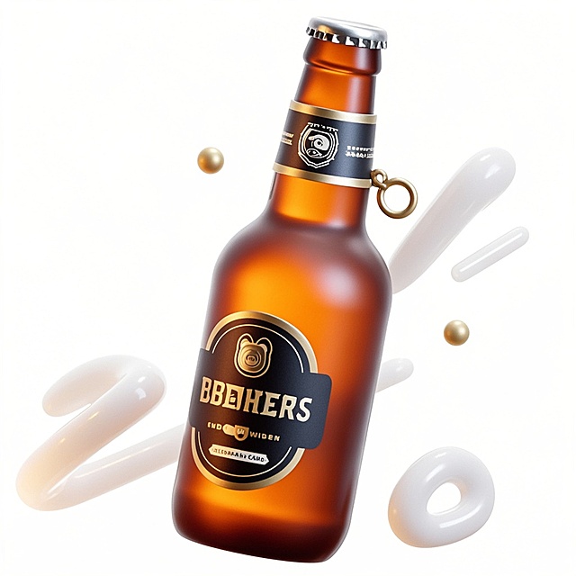 现代感3D风啤酒瓶设计，轻拟物元素点缀，简约时尚。