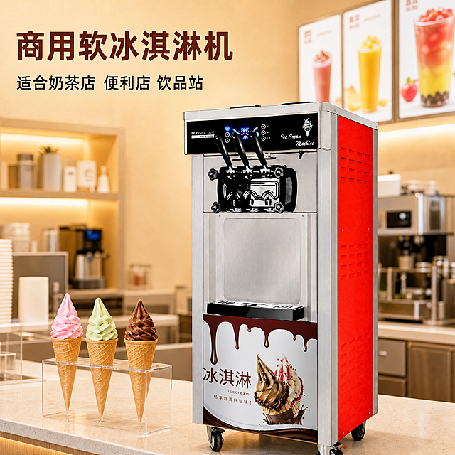 [主图-1] 立式商用软质冰淇淋机奶茶店首图；
[氛围风格] 温馨专业饮品店实景风格；
[画质] 商业摄影质感、光线柔和通透、产品清晰真实、画面干净高级；
[元素] 冰淇淋机主体居中展示，保持产品外观（物理结构、材质质感、颜色）与输入产品图绝对一致，杜绝任何变形和色差，精细化处理。商品主体占比约70%，放置在奶茶店操作台面，背景为暖黄色饮品店门店环境，背景带有虚化的饮品宣传灯箱和储物区，前景台面摆放三个做好的冰淇淋甜墩展示使用效果，左上角负空间留放文案，整体满屏无边框。
[光影] 门店嵌入式暖光射灯为主光，照亮机器正面轮廓，操作台面反射补光做辅光，背景柔和虚化，光影通透自然，突出产品体积感和金属质感，高光不溢，暗部有层次。
[配色] 主色调机器红银配色，背景暖米黄色，前景甜筒彩色点缀，暖色调商业质感。
[视角构图] 平视前侧视角，近景拍摄，主体完整不裁切，景深适中，背景虚化突出主体。
[文字版式] 左上负空间左对齐留安全边距，大字主文案 "商用软冰淇淋机" 红棕色粗体无衬线最大号，辅助文案 "适合奶茶店 便利店 饮品站" 黑色半大小号，文字清晰不遮挡主体。
[比例分辨率] 1:1 比例，800*800像素，4k分辨率，文字清晰可辨，超高清。
[负向提示词] 变形，水印，文字错乱，产品图模糊，背景杂乱，价格乱标，违禁词，夸张夸大描述