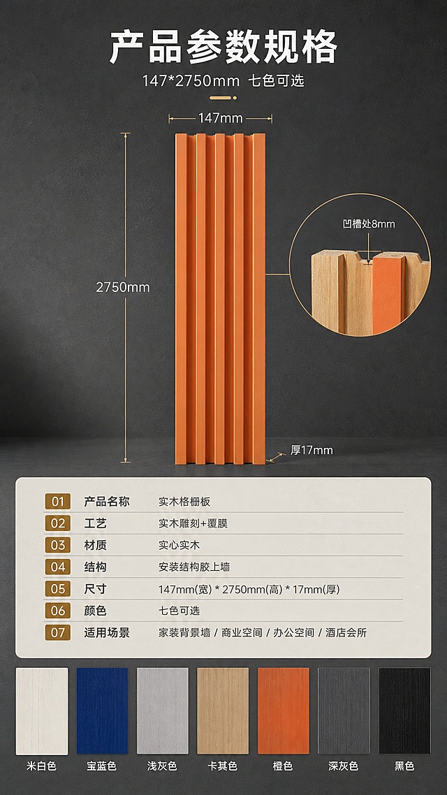 [商品] 使用【图1】实木格栅正面图、【图4】背面图；保留格栅柘条结构与木纹，商业精修。
[画面] 第5屏产品参数规格：采用上方尺寸+下方参数表与色卡构图。上部约50%为尺寸图，一根实木格栅竖立居中展示，四周用细线尺寸引线标出宽147mm、高2750mm、厚17mm，右侧放置截面放大小窗标出凹槽处厚8mm。中部约30%为参数表卡片（产品名称、工艺、材质、结构、尺寸、颜色、适用场景）。下部约20%为7个颜色样板横排（米白色、宝蓝色、浅灰色、卡其色、橙色、深灰色、黑色）。深石墨灰背景配浅石白卡片，满版无边框。
[视觉] 套系策略：风格=B端建材沉稳大气专业商业摄影；标题字=现代无衬线粗体；正文字=简洁无衬线体；主色=深石墨灰+浅石白；背景延展=深石墨灰与浅石白双图层级渐变，配细腻微水泥与木纹质感；强调色=暖铜金，仅用于小面积图标、引线、序号块和标签；标题色=浅石白；正文色=浅灰；组件=直角细线信息卡、细线引线、序号编号块；光影=硬朗侧顶光+柔和漫射光。
[文字] 主标题"产品参数规格"，副标题"147*2750mm 七色可选"；尺寸标注：宽147mm、高2750mm、厚17mm、凹槽处8mm；参数项：工艺实木雕刻+覆膜、材质实心实木、颜色七色可选、安装结构胶上墙；七色标签：米白色、宝蓝色、浅灰色、卡其色、橙色、深灰色、黑色。文字全部横排，数字大而清晰。
[规格] 比例9:16，2K分辨率，尺寸标注清晰，颜色准确，产品不变形。避免变形、错字、尺寸线错位、颜色偏差、模糊、水印、平台Logo。