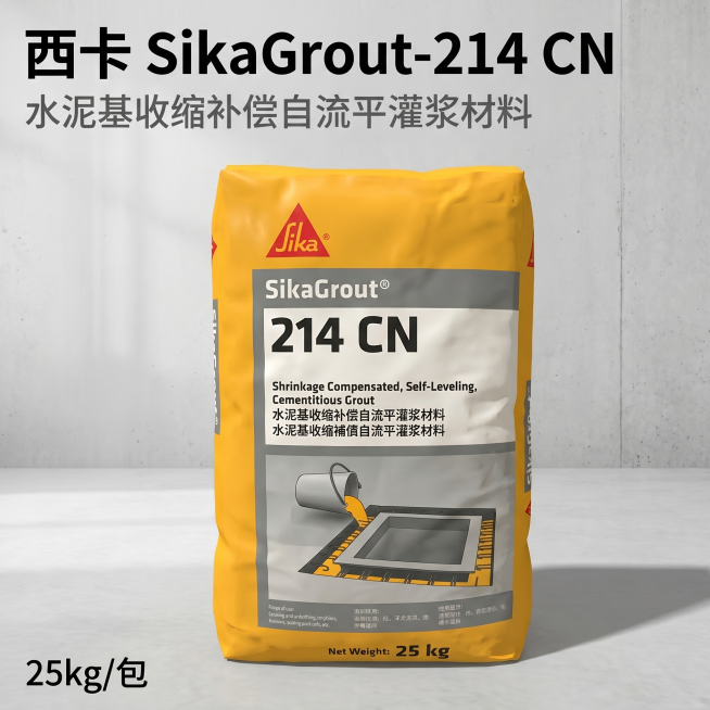 [主图 1] 工业建材产品首图，西卡水泥基灌浆材料场景展示。[氛围风格] 专业工业风，清晰稳重。[画质] 商业摄影质感，光线硬朗通透，产品清晰真实，画面干净高级。[元素] 黄色包装袋的SikaGrou预览效果